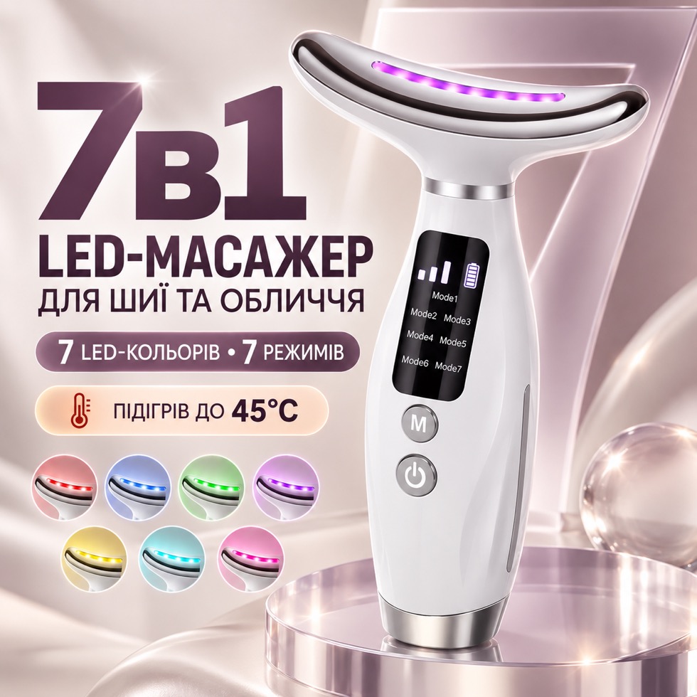 7в1 LED-масажер для шиї та обличчя: білий пристрій з фіолетовим LED-підсвічуванням, дисплей із 7 режимами, 7 кольорів світлотерапії, підігрів до 45°C