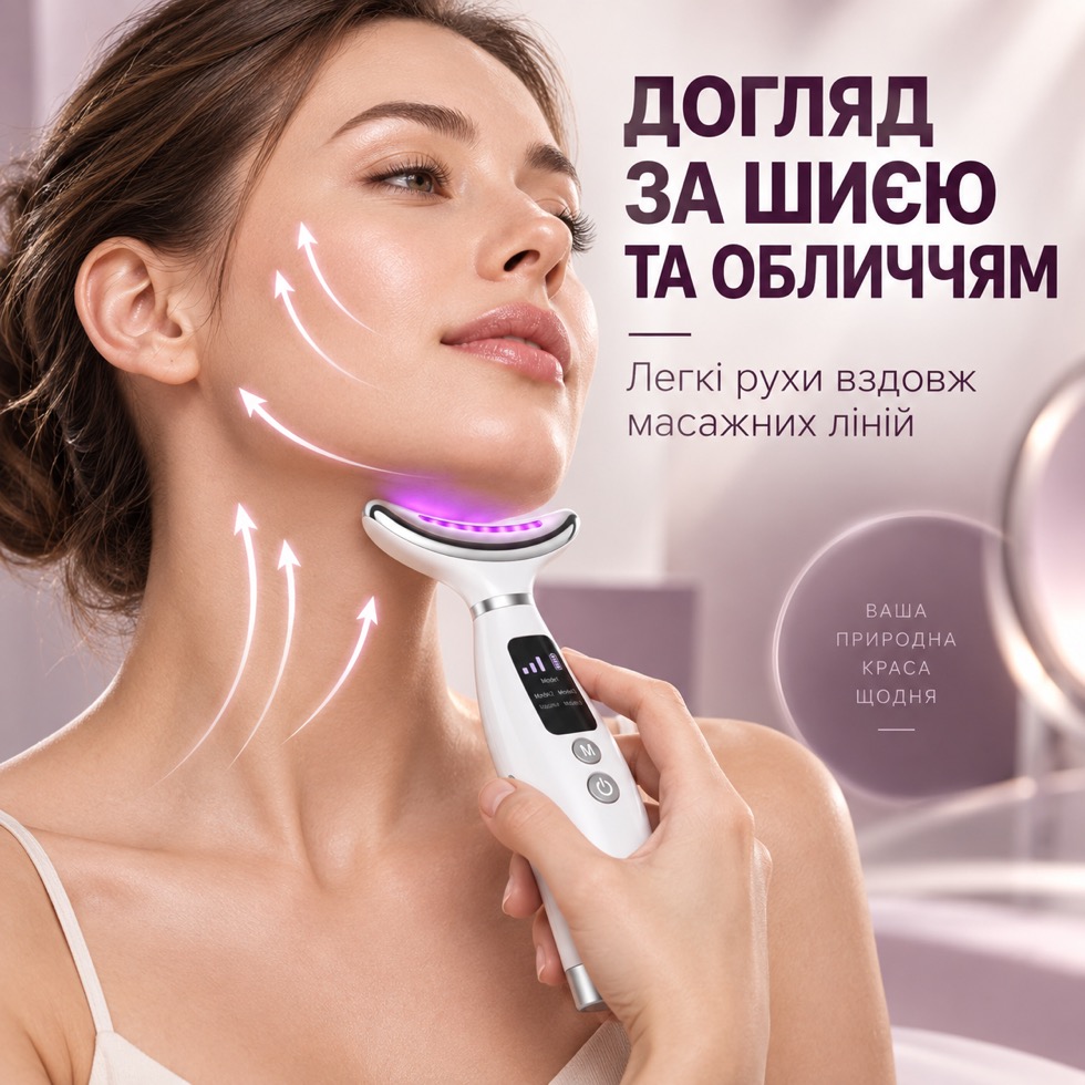 Догляд за шиєю та обличчям LED-масажером: легкі рухи вздовж масажних ліній від шиї до підборіддя
